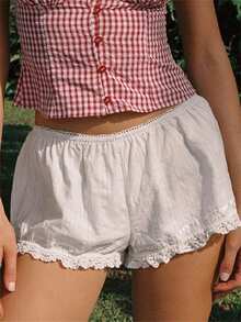 Women's Fashion Shorts Lace Trim Elastic Waist Short Pants Summer Fashion Casual Shorts - 白色 - 查看 5
