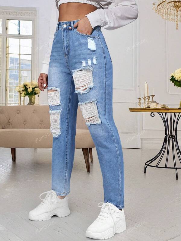 Women's Wide-Leg Ripped Jeans, Casual & Fashionable, Suitable For Summer