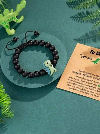 1 pieza Pulsera de cuentas de dinosaurio ajustable, estilo de dibujos animados lindo, cuentas negras, regalo de cumpleaños perfecto para el hijo
