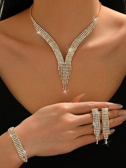 4件套女士项链、耳环、手链套装，送给妈妈的珠宝套装，适合派对、新娘、感恩节、情人节等场合佩戴