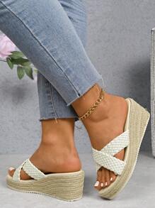 Women's Vacation Platform Sandals With Single Strap & Espadrille Wedge Heel, Plus Size