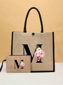 Conjunto com 2 peças: uma bolsa de linho cáqui com iniciais de flores rosa e uma pequena bolsa combinando, simples e elegante, bolsa personalizada para presente de casamento para madrinhas, bolsa de maquiagem, bolsa de viagem simples para armazenamento, carteira de cosméticos de cor sólida, bolsa de maquiagem de viagem com grande capacidade: a combinação perfeita para belezas ao ar livre! Adequada para casamentos, aniversários e praia.