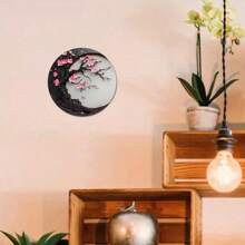 1 Peça Arte de Parede de Madeira em Forma de Lua de 8x8 Polegadas com Design de Flor de Cerejeira Elegante - Design de Flor Rosa e Lua Crescente com Detalhes Dourados, Ideal para Decoração de Casa Moderna ou Estilo Japonês