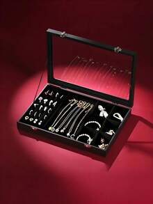 4/1pc 3-In-1 Necklace Jewelry Storage Box With Transparent Cover, Earring Accessory Packaging Box, Jewelry Display Dust-Proof Box With Glass Lid, Ring Box, Earring Jewelry Tray, Minimalist Velvet Ring Box With Clear Cover - 3 In 1 Storage Box - View 9