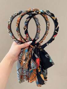 1pc Retro Floral Braided Headband, Women High-End Chiffon Bowknot Elastic Hair Hoop, Female Satin Printed Hairband With Tassel Design,Hairband,Hair Hoop Headbands