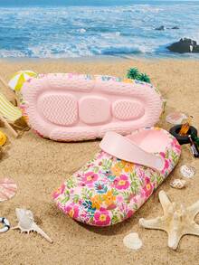 1 Pair Kids Pink Floral Dinosaur Print Anti-Slip Flat Casual Comfortable Lightweight EVA Beach Sandals, Suitable For Summer