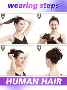 Human Hair Messy Bun Extension Tail 1PC Messy Hair Bun Hair Scrunchies Extension With Fringe Curly Wavy Chignon For Women Wedding Tousled Updo Hairpiece Light Brown - S27 - View 7