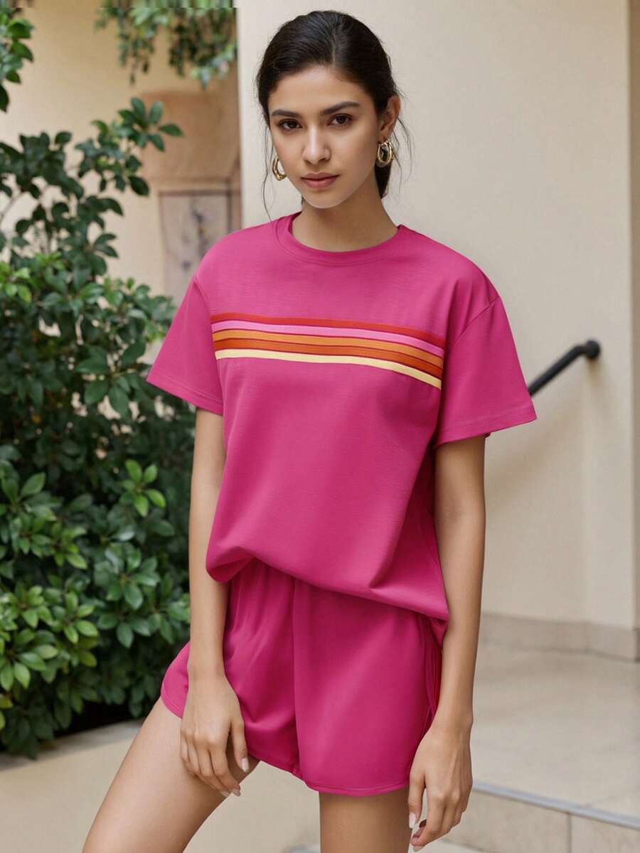 Workout Sets For Women 2 Piece Contrast Color Round Neck Short Sleeve Tops Elastic Waist Shorts Tracksuit Gym Yoga Outfits - Hot Pink - View 1