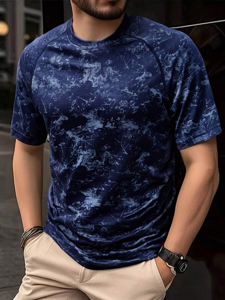 男士冰丝短袖T恤,休闲运动宽松户外上衣,适合夏季运动 - 藏蓝色 - 查看 1