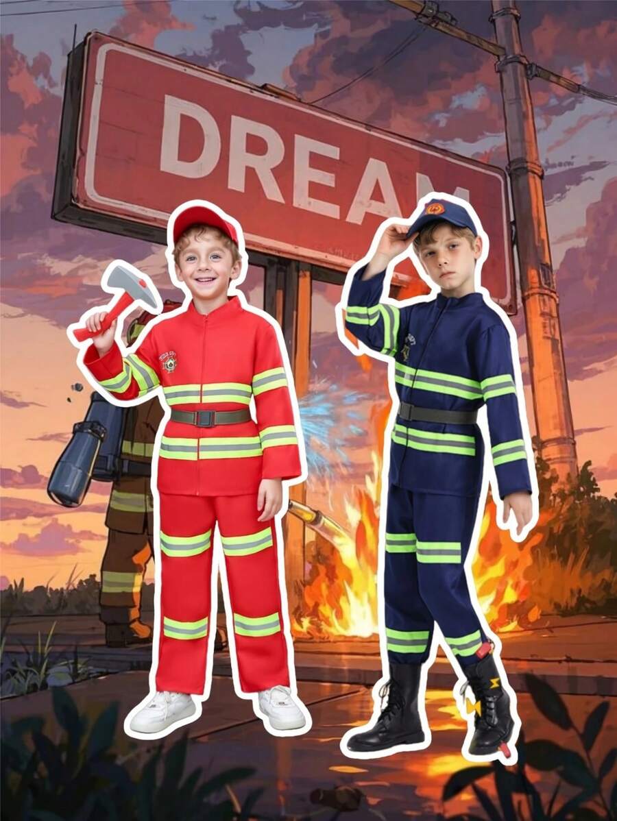 4pcs/Set Fire Chief Role-Playing Costume Set With Realistic Accessories, Firefighter Outfit Suitable For Children Aged 3+ Years