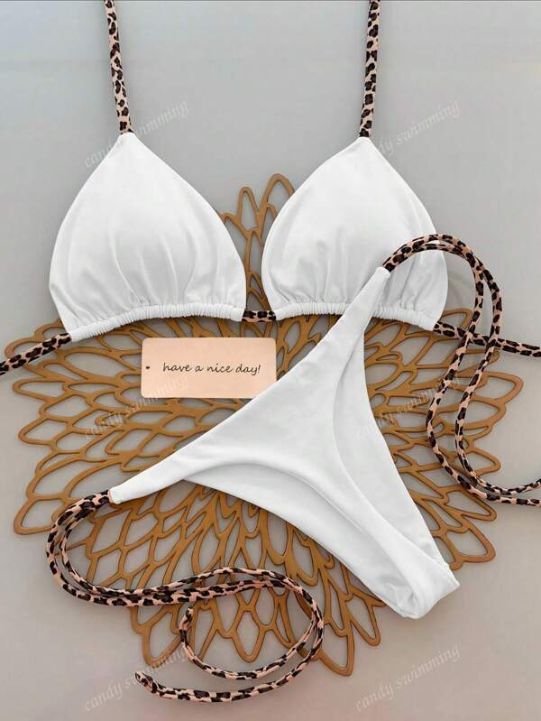 Set de 2 piezas de bikini de mujer con estampado de leopardo, minimalista y sexy, con escote de atar