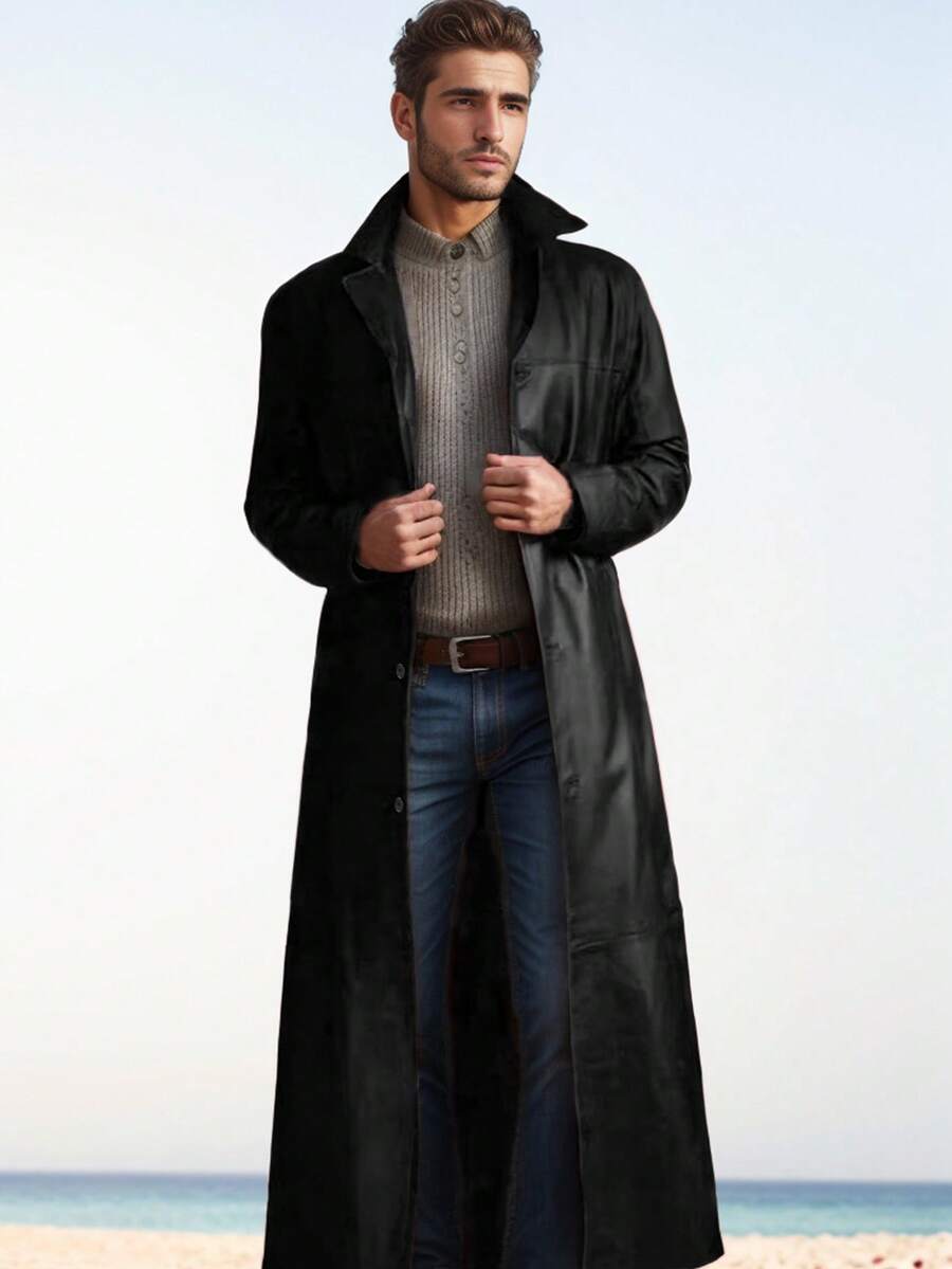 Father's Day Gift Men's Long PU Leather Trench Coat, Over Knee Design, Spring & Autumn - Black - View 1