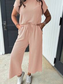 Acelitt Summer Solid Color Solid Color Knitted Short Sleeved T-Shirt And Wide Leg Pants Set For Home Leisure And Outdoor Activities