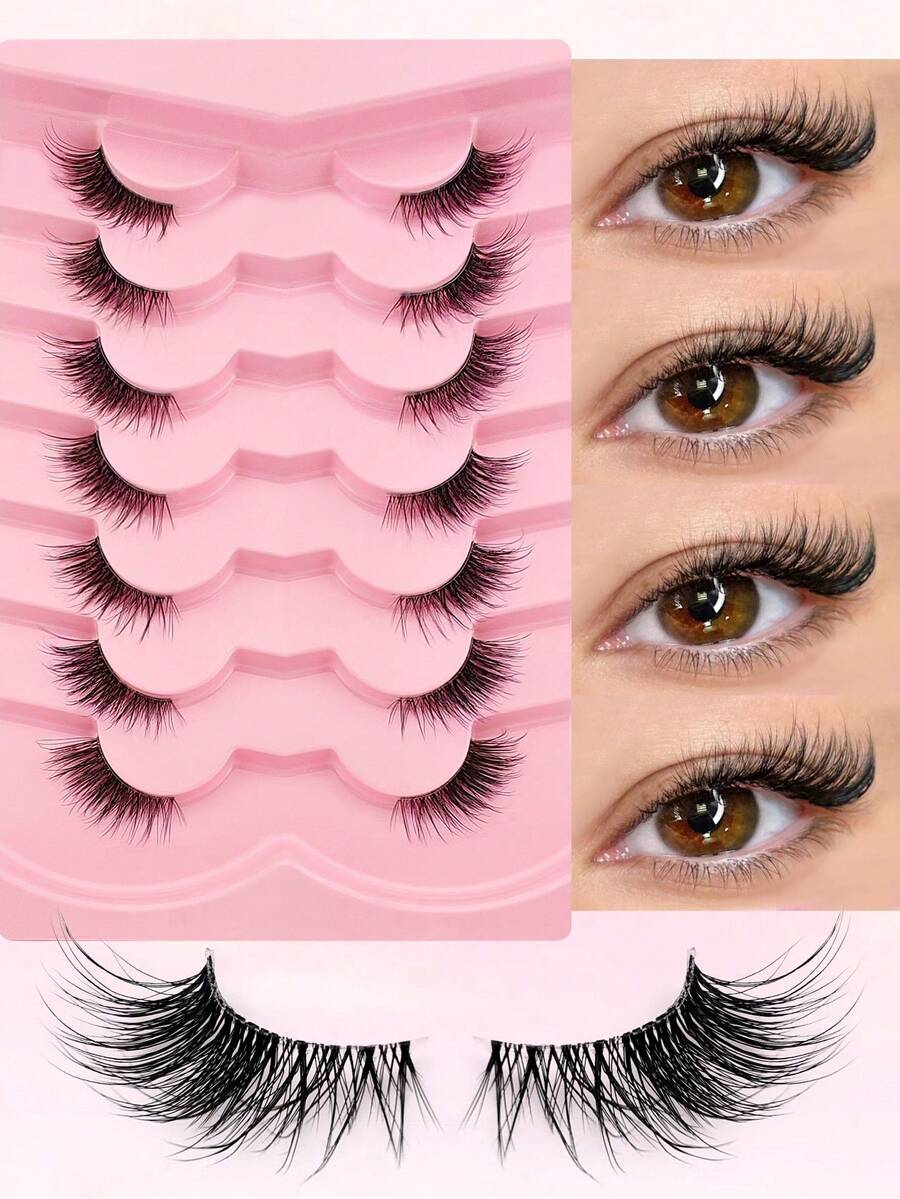 7 对半睫毛猫眼带透明带纤细假睫毛自然外观 3/4 角睫毛短点缀睫毛带透明带条状睫毛、睫毛、睫毛、假睫毛 - 黑色 - 查看 1