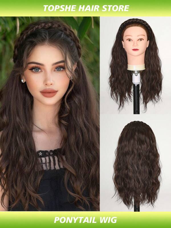 20 Inch Curly Wave Braid Headband Wig Perfect For Coachella Music Festival Women's Synthetic Cover Wig Natural Straight Natural Hairpiece Half Wig