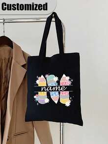 Pencil Print Polyester Custom Name Tote Bag - Casual Style, Lightweight, Open Closure, Fixed Shoulder Strap, Hand Washable, Daily Commute Bag With Printed Design, High-Capacity Travel Storage Bag