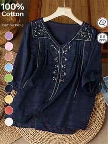 女式复古刺绣宽松波西米亚风衬衫，春夏休闲上衣