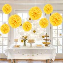 12pcs Yellow Paper Flower Balls - Elegant DIY Party Decor For Weddings, Birthdays, And Bachelor Parties - Vibrant Hanging Decoration With Golden Accents