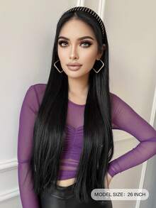 JENNIFER 26 英寸合成长直发，配有两种不同头带可供选择，自然时尚的半发套装，可直接佩戴，方便使用 - 自然黑 - 查看 3