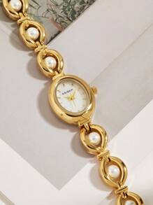 1 Pc Elegant Oval French-Style Women's Pearl Strap 30M Waterproof Pearl Dial Quartz Wrist Watch, Suitable For Daily Wear And Social Gatherings