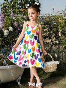 Vestido de línea A sin mangas con estampado de corazones colorido y dulce para niña, vestido de verano casual y lindo - Multicolor - Ver 1
