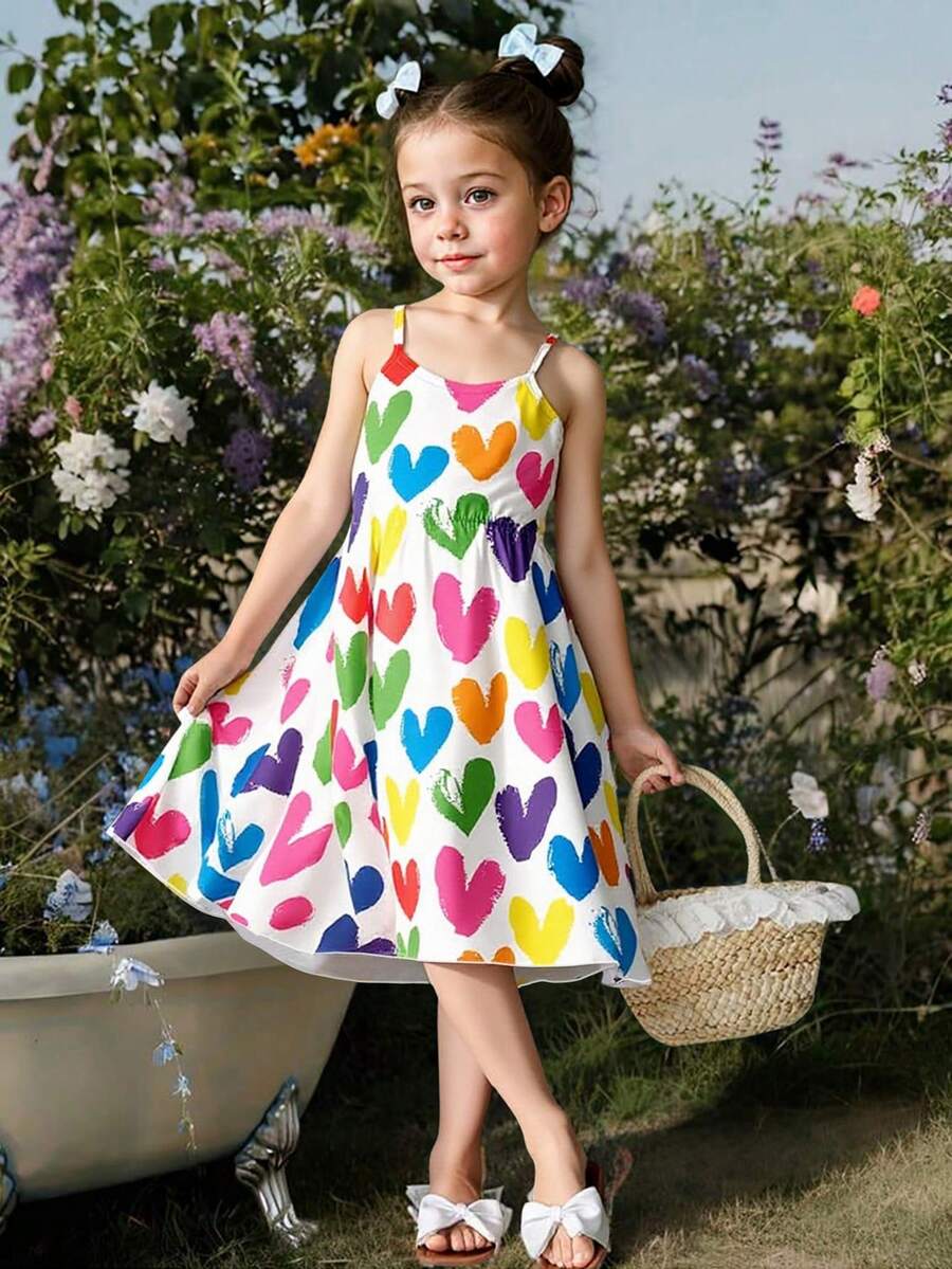 Vestido de línea A sin mangas con estampado de corazones colorido y dulce para niña, vestido de verano casual y lindo - Multicolor - Ver 1