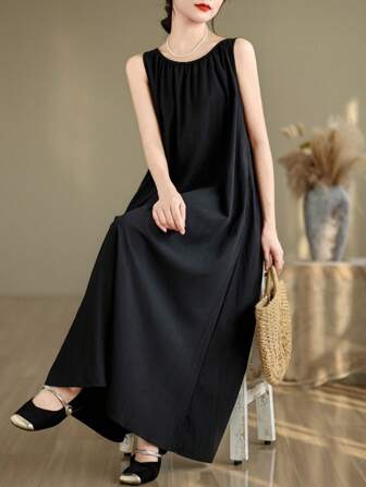 女士优雅无袖褶皱圆领长裙