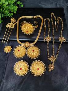 6pcs Women Fashion Middle East Dubai Bridal Jewelry Set, Necklace, Earrings, Bracelet, Ring, For Wedding, Party, Gift, Valentine's Day - Yellow Gold - View 2