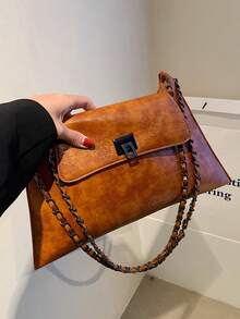Fashionable Elegant Street Vacation Solid Color Chain Vintage Versatile Shopping Envelope Shoulder Tote Bag - Brown - View 6
