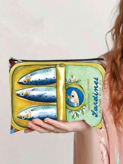 Unique Red Sardine Can Shaped Canvas Cosmetic Bag - Fashion Zipper Pouch, Travel Essentials, Olive Oil Design, Lightweight & Handwashable, Great For Accessories Or Pencil Case, Small Makeup Bag, Back To School Back To School Supplies