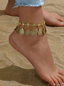 1 件波西米亚风格脚链，海滩度假脚链，复古流苏硬币装饰脚饰，新娘婚礼配饰