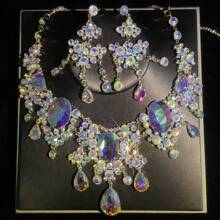 1 conjunto de joias femininas, colar e brincos, 3 peças, incrustado com strass, moderno e elegante, adequado para noivas, casamentos, banquetes e ocasiões formais