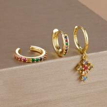 3PCS 18K Gold Plated Cross Stud Earrings Set For Women's Wedding Jewelry Zirconia Hoop Stainless Steel Accessories Party Gift
