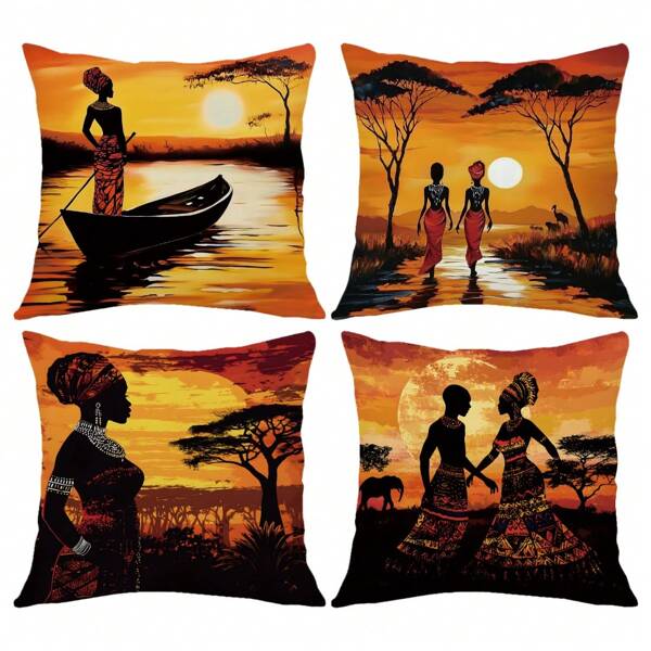4 Peças Capas de Almofada Impressas com Arte Africana, Vida no Pôr do Sol, Mulheres Africanas [Sem Enchimento de Almofada], 45 x 45 cm, [Impressão em um Lado] Estilo Rústico Fazendeiro, Capas de Almofada de Poliéster para Sofá, Cama, Sala de Estar, Quarto, Carro, Escritório, Decoração de Hotel, Presentes Perfeitos para Família e Amigos, Todas as Estações