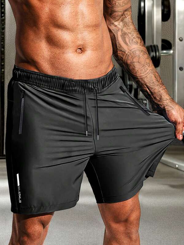 Men's Summer Breathable High Elasticity Polyamide Shorts With Drawstring, Zipper, And Reflective Print Pocket - Casual Style, Solid Color, Regular Fit