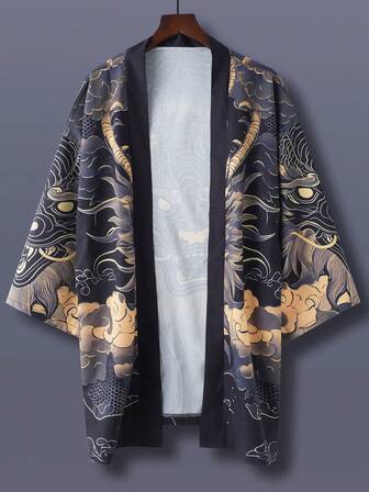 Oversized Street Fashion Beach Kimono Cover Up With Feather Print, Loose Casual Vacation Sun Protection Cover Up, Unisex Summer Fashion Outerwear