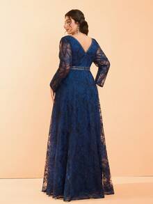 Plus Size Anpokt V-Neck Embroidered Lace Trim Long Sleeve Flared Hem Evening Dress, Formal, Party Dress, Gown, For Wedding Guest - Royal Blue - View 2
