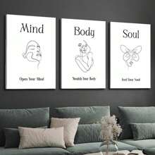 3 piezas Cuadros de pared con marco de madera, pinturas decorativas de lienzo - "Mente y Body", "Avanzando con los Tiempos", "Declaración de Energía Positiva", Mural Zen, Arte de Línea Blanco y Negro, Decoración de Pared para el Hogar, Dormitorio, Sala de Estar