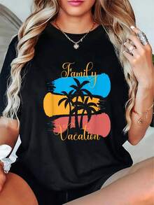 Camiseta gráfica de vacaciones familiares de manga corta con cuello redondo de algodón negro de 180 g para mujer: diseño estampado elegante para uso informal de verano, camiseta moderna con estampado de palmeras, camiseta cómoda y liviana, perfecta para salidas a la playa o estilo relajado diario - Negro - Ver 1