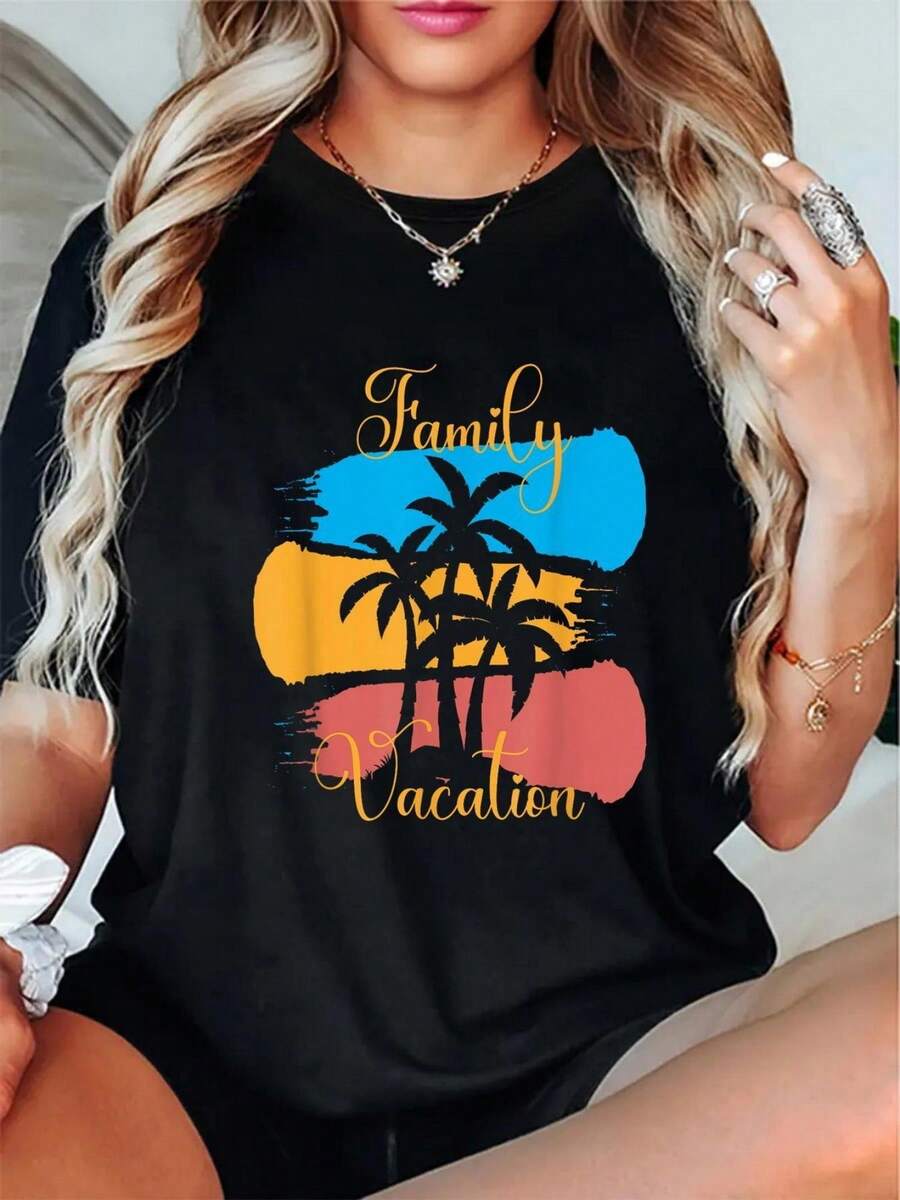 Camiseta gráfica de vacaciones familiares de manga corta con cuello redondo de algodón negro de 180 g para mujer: diseño estampado elegante para uso informal de verano, camiseta moderna con estampado de palmeras, camiseta cómoda y liviana, perfecta para salidas a la playa o estilo relajado diario - Negro - Ver 1