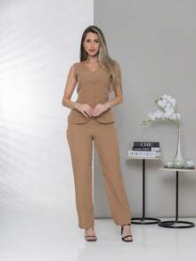 Plain Elegant Vest And Dress Pants Set C3302 - Caqui - Ver 7