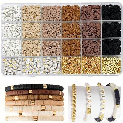 24 viên đất sét mềm, hạt chữ cái, bộ hạt cách, tông màu nâu, vật dụng làm vòng tay DIY cao cấp