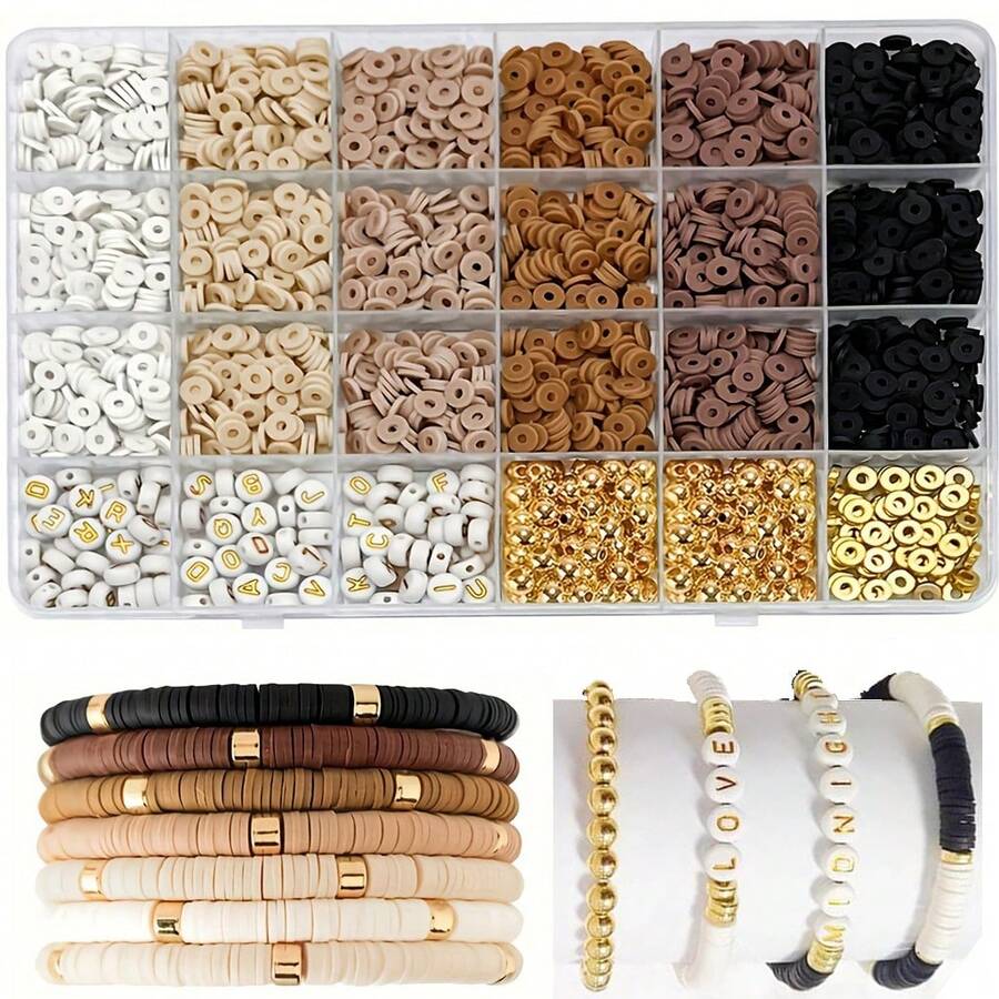 24 块软粘土砖、字母珠、隔珠套装、棕色调、高端 DIY 手链制作用品