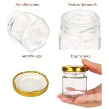 Set de 10 mini tarros de cristal hexagonales de 1.5 Oz de miel, equipados con cucharas de madera para salsa, tapa dorada, tarjeta de agradecimiento y yute, perfectos para baby showers, bodas, fiestas, regalos de boda y regalos de fiesta