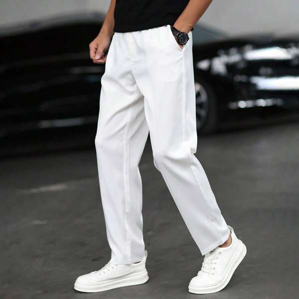 1pc Solid Color Casual Style Woven Fabric All Cowhide Button Pants, Suitable For Spring/Summer