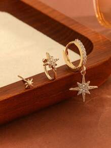 2Pcs/3Pcs Copper Alloy Stud Earrings Set With 8-Pointed Star Zirconia Stone Design, Suitable For Women Daily Use, Gifts, Parties