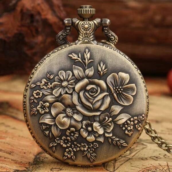 Bronze Rose Flower Petal Pendant Retro Elegant Bloom Flowers Women Quartz Pocket Watches Ladies Fob Necklace Chain Jewelry Clock