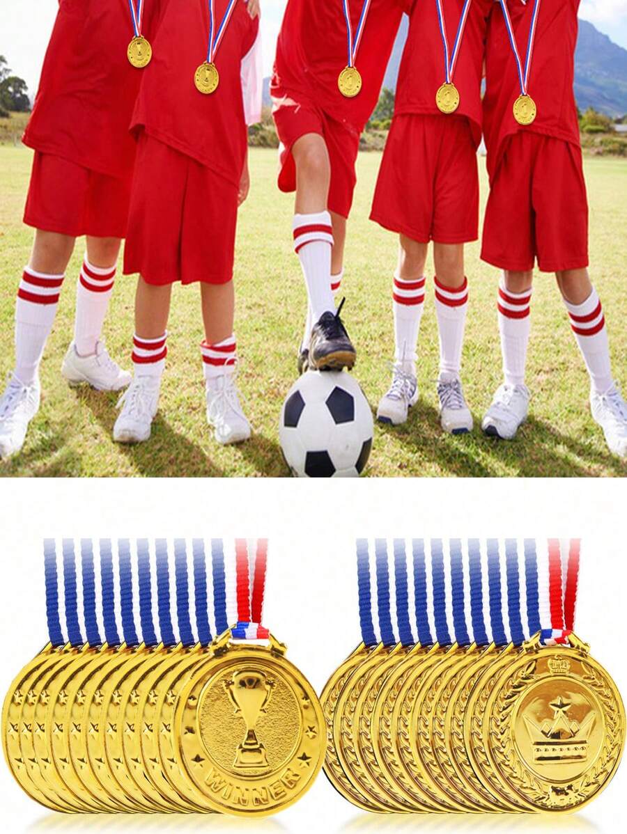 1/5/10/20/30 piezas Medallas de premio de plástico dorado a granel con patrón de corona para deportes, juegos, competiciones, de vuelta a la escuela, regalos de fiesta y decoraciones para el comienzo de la temporada escolar