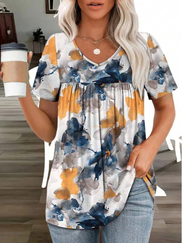 Plus Size Fashion Floral Print V-Neck Ruched Short Sleeve T-Shirt