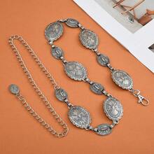 Vintage Oval Flower Retro Pattern Waist Chain, Distressed Finish, Versatile Bohemian For Women - Silver - View 8